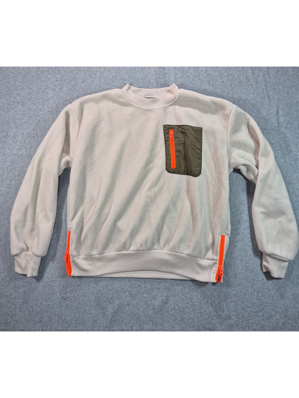 Feathers Size S Cream Fleece Pullover Neon Orange Zip Pocket